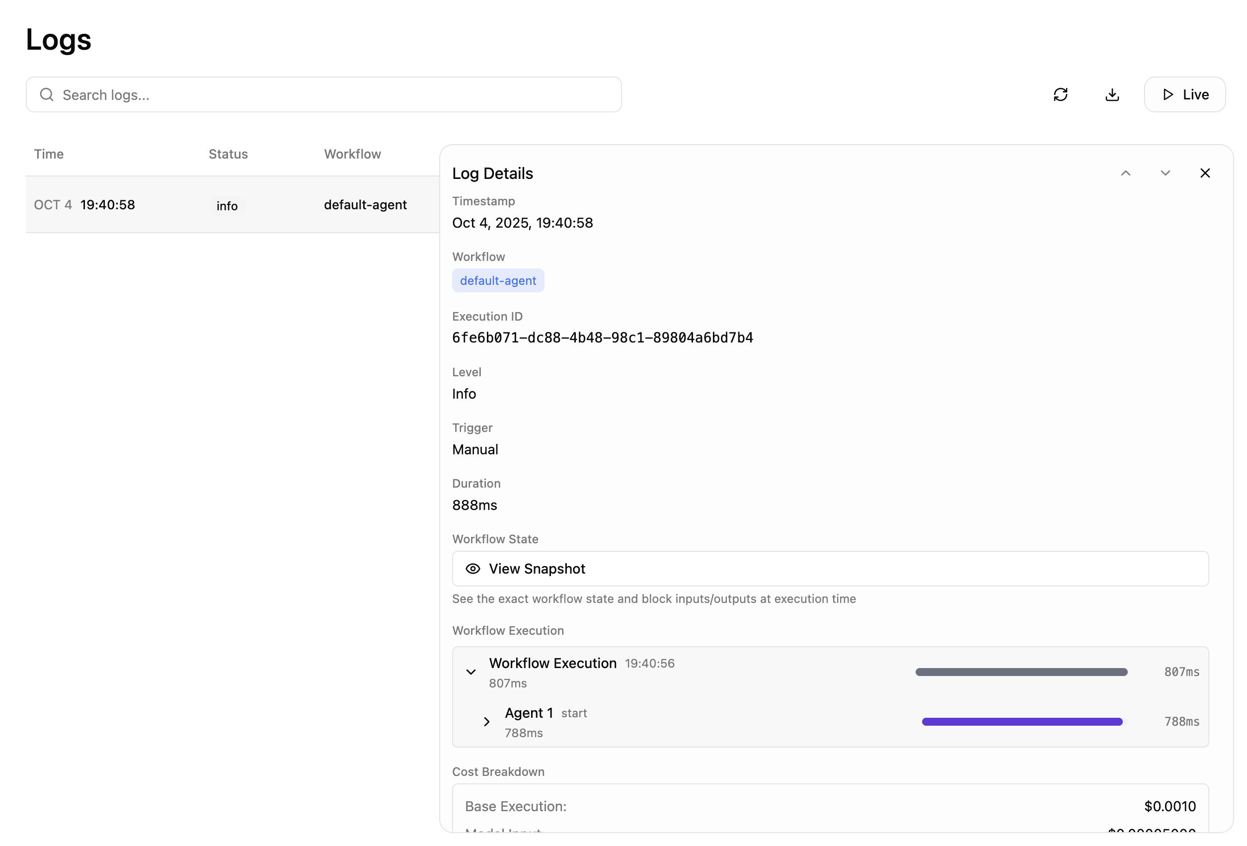 Agent Serve execution logs and monitoring dashboard